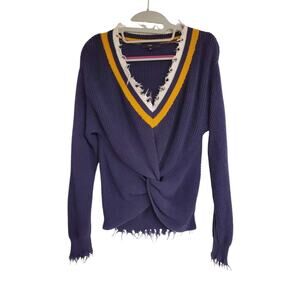 Women's Fate Navy V-Neck Knotted Cotton Sweater w/ Frayed Trim | Size Small